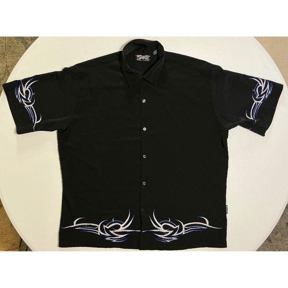 VTG Y2K Dragonfly Clothing Blac Tribal Embroidered Button Down Shirt Mens XL